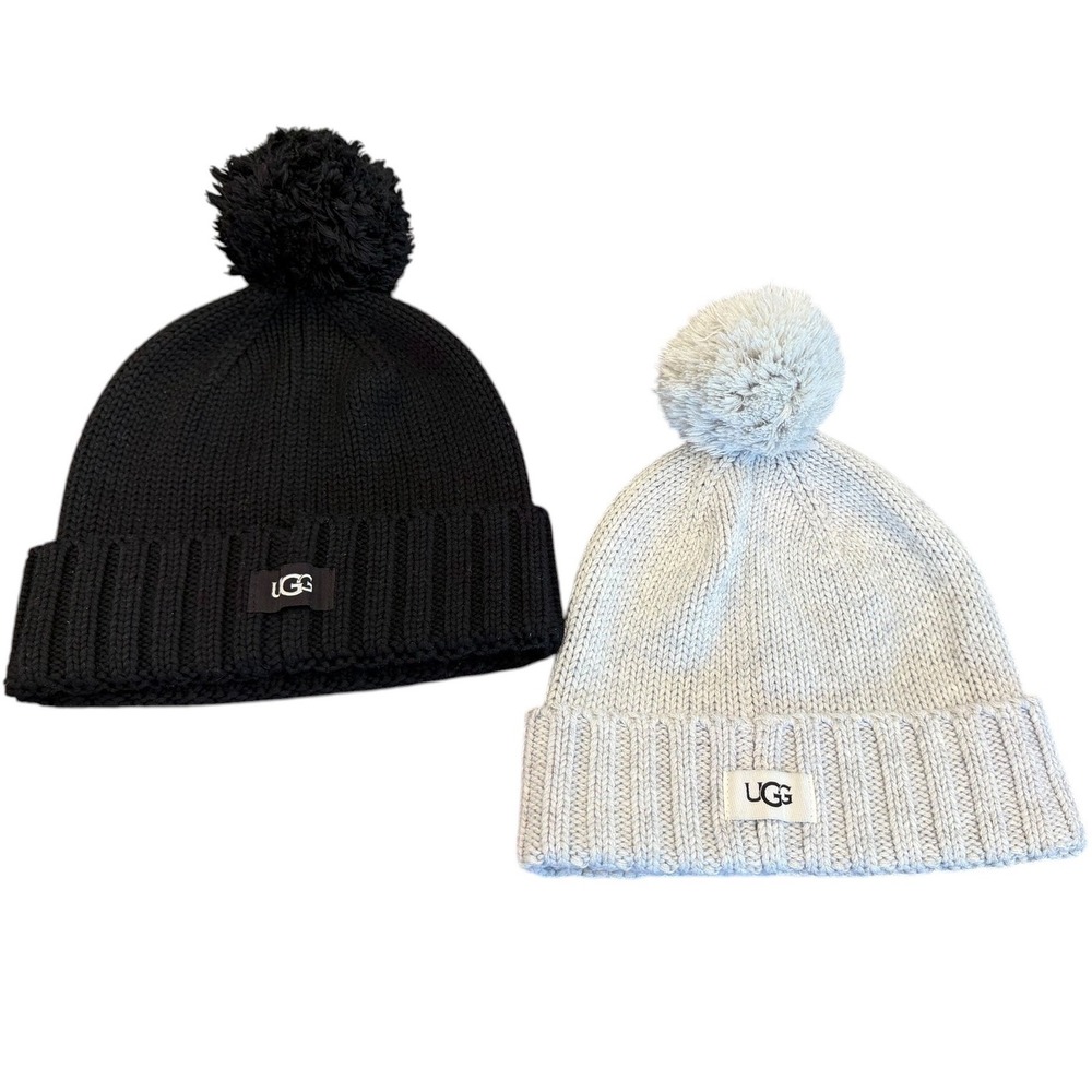 UGG Pom Pom Beanie Hat 2 Pack Black and Gray Ribbed Knit One Size OS/1U
